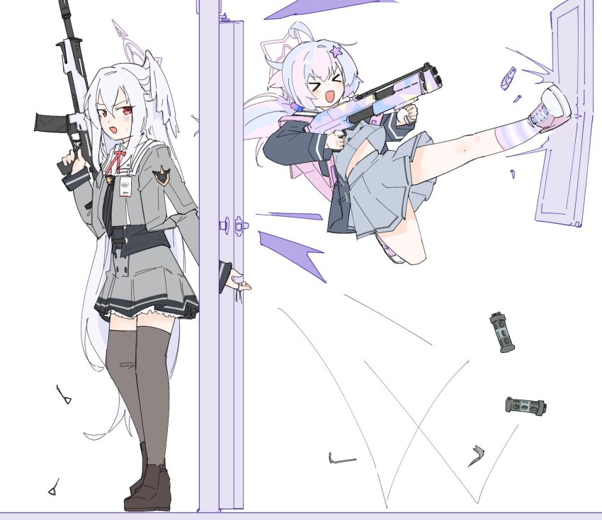 &gt;_&lt; 2girls ahoge assault_rifle blue_archive brown_footwear commentary_request door flashbang flukhan flying from_side full_body grey_hair grey_skirt gun hair_between_eyes hair_ornament halo head_wings highres holding holding_gun holding_weapon korean_commentary long_hair long_sleeves multicolored_hair multiple_girls open_mouth pink_hair pleated_skirt purple_halo red_eyes reisa_(blue_archive) rifle school_uniform sig_mcx single_head_wing sketch skirt small_sweatdrop smile socks standard_manufacturing_dp-12 standing star_(symbol) star_hair_ornament star_halo striped_clothes striped_socks suzumi_(blue_archive) thighhighs very_long_hair weapon white_background wings