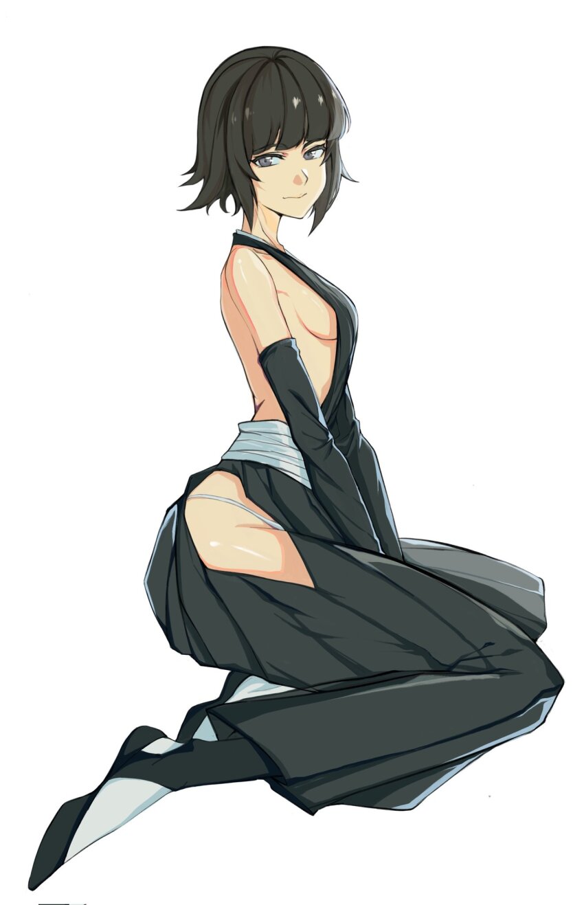 1girl bare_shoulders between_legs black_footwear black_hakama black_kimono bleach blunt_bangs bob_cut breasts closed_mouth commentary detached_sleeves from_side full_body grey_eyes hakama hand_between_legs high_heels highres hip_vent japanese_clothes kimono light_smile long_sleeves looking_at_viewer medium_breasts no_bra pumps shaolong short_hair sideboob sideless_kimono simple_background sitting solo sui-feng tsurime white_background yokozuwari