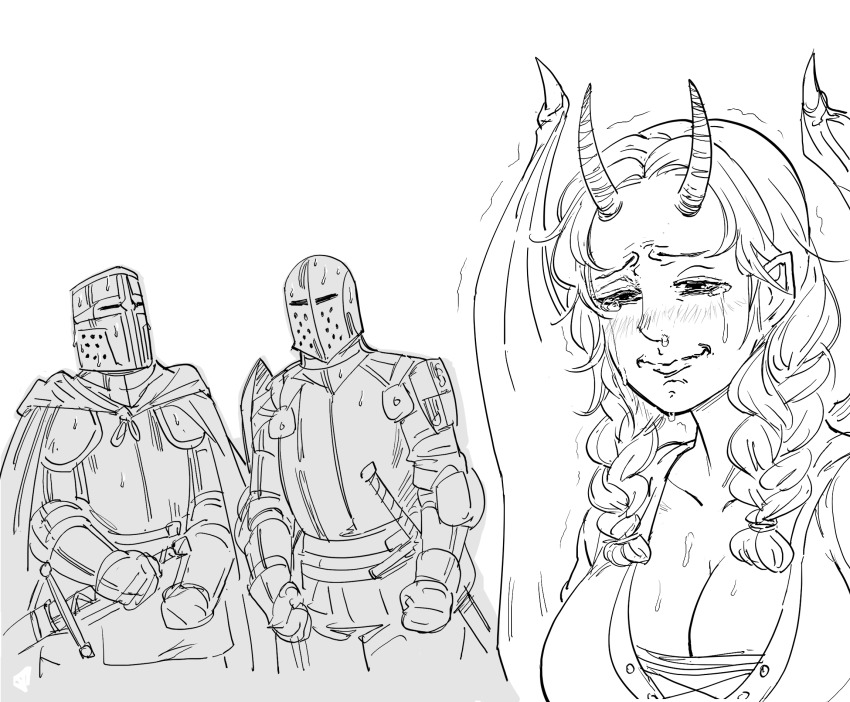 1girl 2boys armor bad_id bb_(baalbuddy) blush braid breasts cape cleavage closed_mouth commentary crying crying_with_eyes_open demon_girl demon_horns demon_wings english_commentary full_armor gauntlets greyscale helmet highres horns inactive_account large_breasts monochrome multiple_boys original pathfinder pointy_ears sad simple_background snot sweat sweatdrop sword tears twin_braids weapon white_background wide-eyed wings