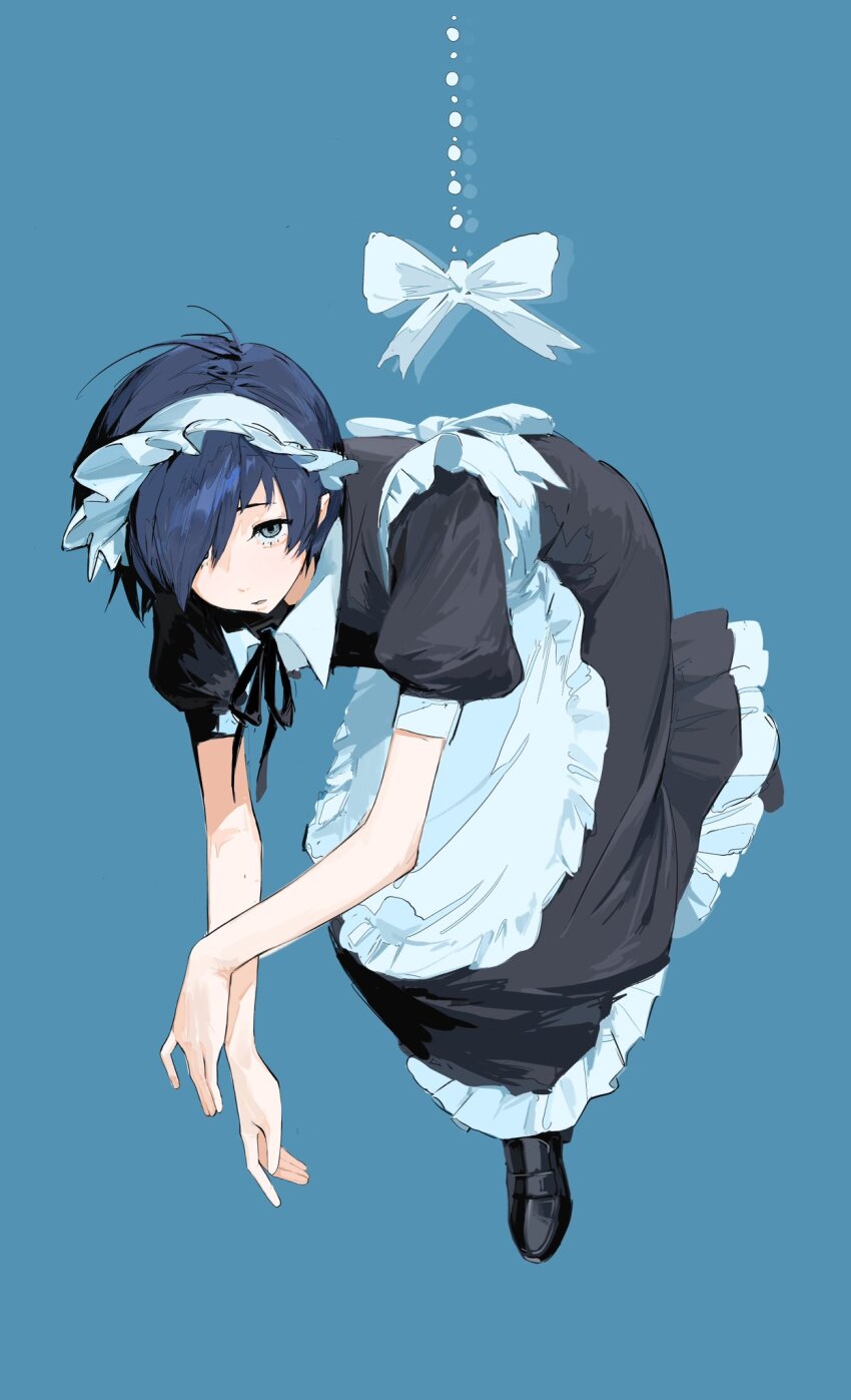 1boy apron black_dress black_footwear black_ribbon blue_background blue_hair chinese_commentary collared_dress commentary_request crossdressing dress frilled_dress frills full_body grey_eyes hair_over_one_eye highres looking_at_viewer maid_apron maid_headdress male_focus midair neck_ribbon parted_lips persona persona_3 pobu_9 puffy_short_sleeves puffy_sleeves ribbon short_hair short_sleeves simple_background trap white_apron yuuki_makoto_(persona_3)