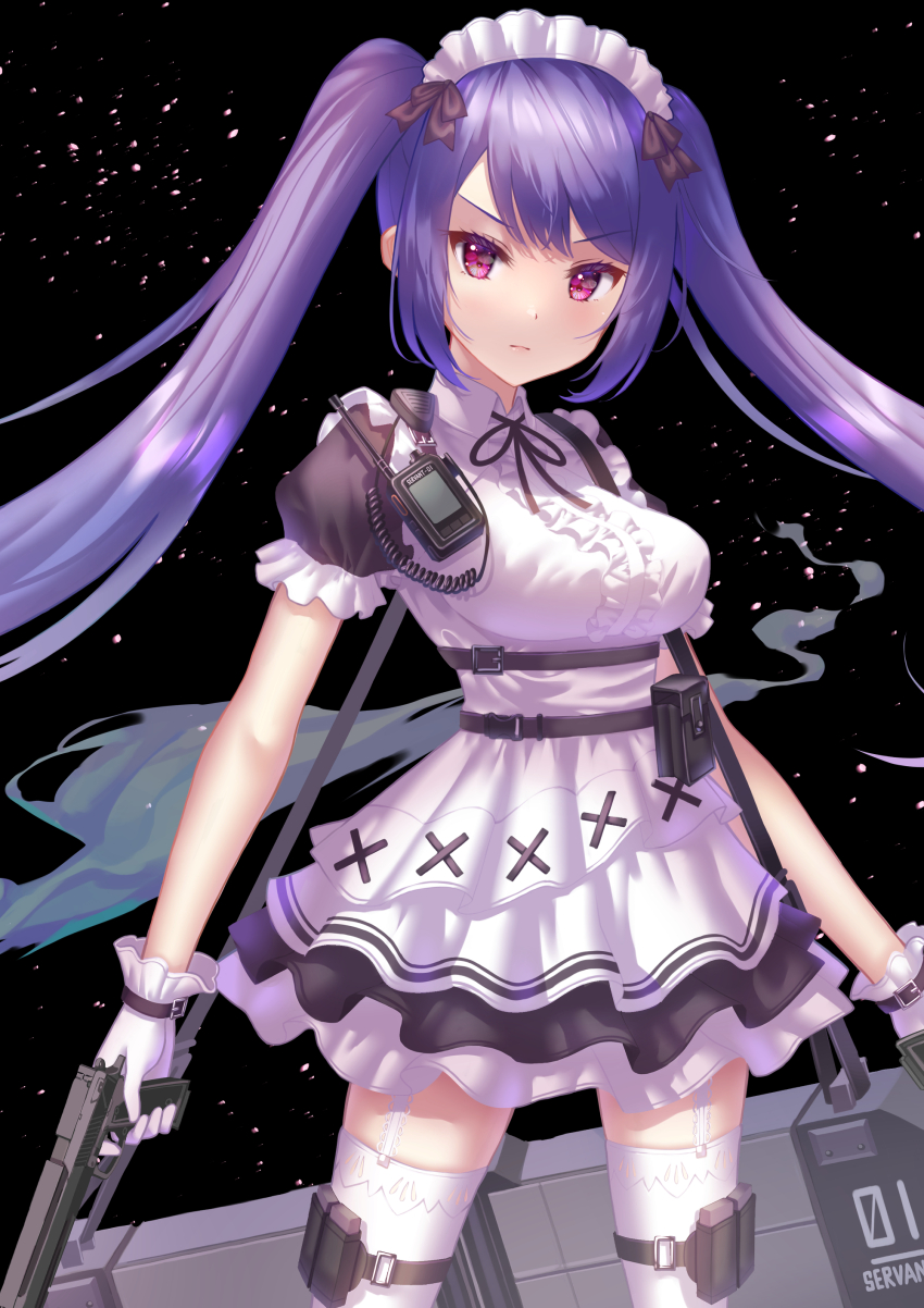 1girl absurdres breasts closed_mouth frilled_sleeves frills frown garter_straps gloves highres holding holding_weapon maid maid_headdress neck_ribbon original pink_eyes puffy_short_sleeves puffy_sleeves purple_hair ribbon short_sleeves solo standing thighhighs twintails usamaru67pi walkie-talkie weapon white_gloves white_thighhighs