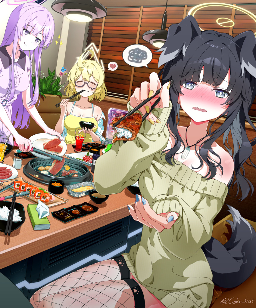 3girls absurdres ahoge alternate_costume alternate_hairstyle animal_ears bare_shoulders black_hair blonde_hair blue_archive blue_eyes blue_nails blue_shirt bowl breasts chopsticks chopsticks_in_mouth cleavage closed_eyes closed_mouth coke_kat dog_ears dog_girl dog_tags dog_tail dress fishnet_thighhighs fishnets food glasses green_sweater hair_between_eyes hibiki_(blue_archive) highres holding holding_bowl holding_chopsticks holding_food holding_plate holding_tongs kotori_(blue_archive) large_breasts licking_lips long_hair looking_at_viewer multiple_girls open_mouth pants plate purple_eyes purple_hair purple_pants purple_shirt reaching reaching_towards_viewer rice shirt shirt_partially_removed sidelocks sleeveless sleeveless_shirt smile strapless strapless_dress sweater sweater_dress tail thighhighs tongs tongue tongue_out utaha_(blue_archive) yakiniku yellow_shirt