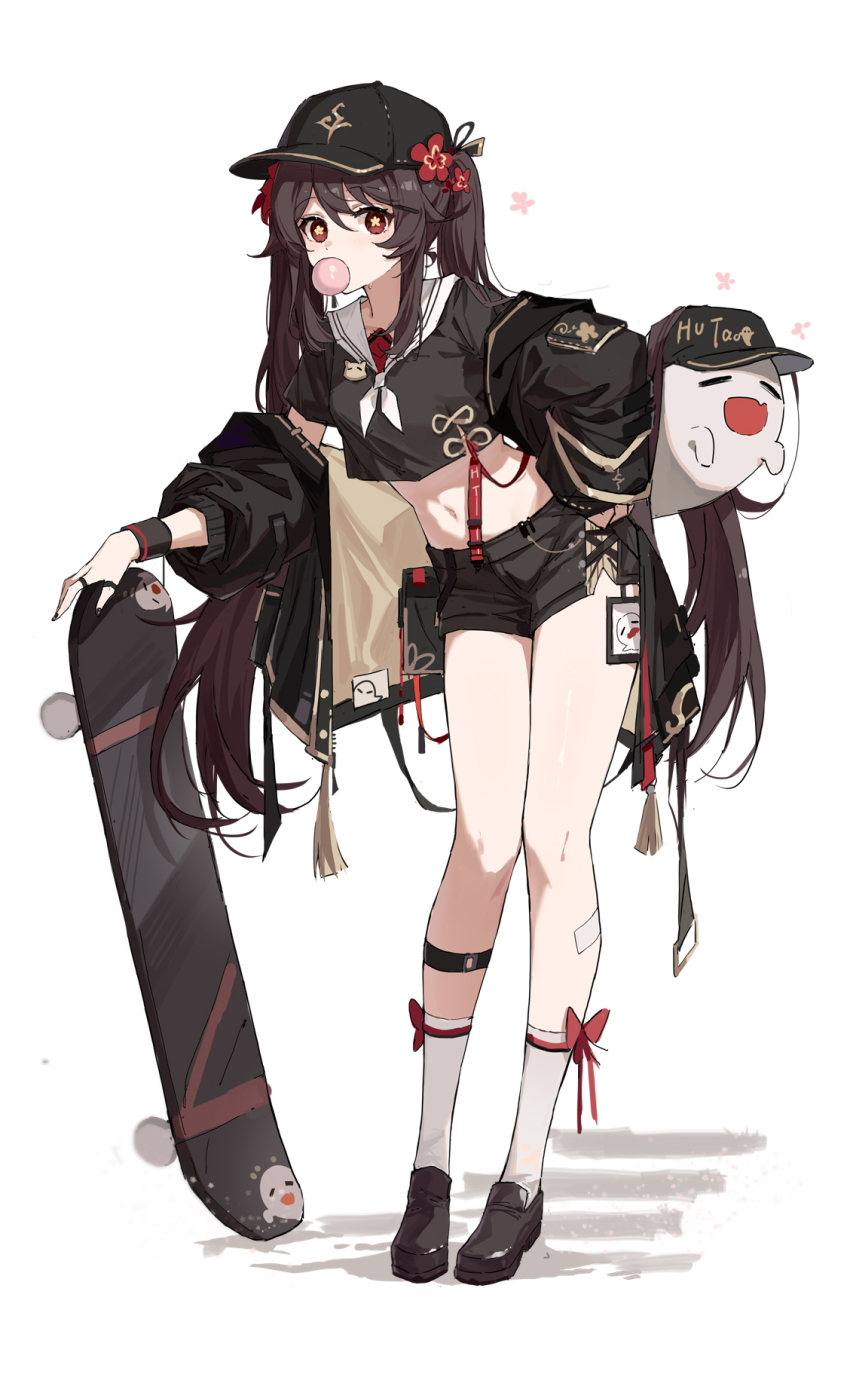 1girl alternate_costume bare_legs baseball_cap black_footwear black_hair black_hat black_jacket black_shirt black_shorts blowing_bubbles casual chewing_gum chinese_commentary commentary_request contemporary crop_top full_body genshin_impact hat highres hu_tao_(genshin_impact) jacket leg_strap loafers long_sleeves midriff navel open_clothes open_jacket red_eyes revision sailor_collar sailor_shirt shirt shoes short_shorts shorts simple_background skateboard socks solo standing star-shaped_pupils star_(symbol) stomach symbol-shaped_pupils thighs twintails white_background white_socks yajuu