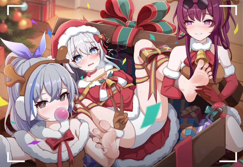 3girls a-utism alternate_costume barefoot bound box chinese_commentary christmas commentary_request feet firefly_(honkai:_star_rail) foot_focus gift gift_box hand_on_another&#039;s_foot highres honkai:_star_rail honkai_(series) imminent_tickling kafka_(honkai:_star_rail) looking_at_viewer lying motion_lines multiple_girls nail_polish ribbon ribbon_bondage scared silver_wolf_(honkai:_star_rail) soles spread_legs toenail_polish toenails toes trembling v variant_set viewfinder