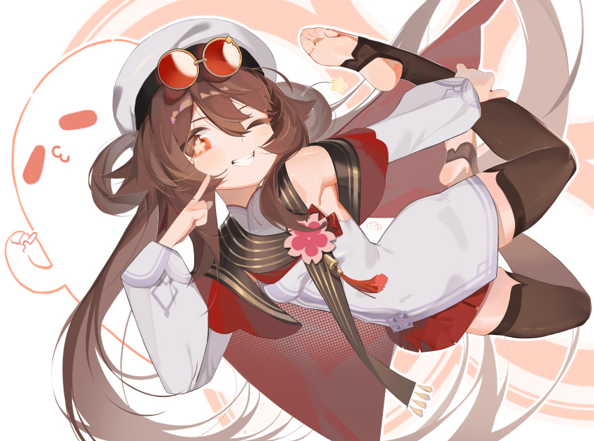 1girl barefoot brown_eyes brown_hair eyewear_on_head feet finger_to_cheek genshin_impact grin hat highres hu_tao_(cherries_snow-laden)_(genshin_impact) hu_tao_(genshin_impact) long_hair looking_at_viewer one_eye_closed smile soles stirrup_legwear toeless_legwear toes v.a._(vanilla) wink