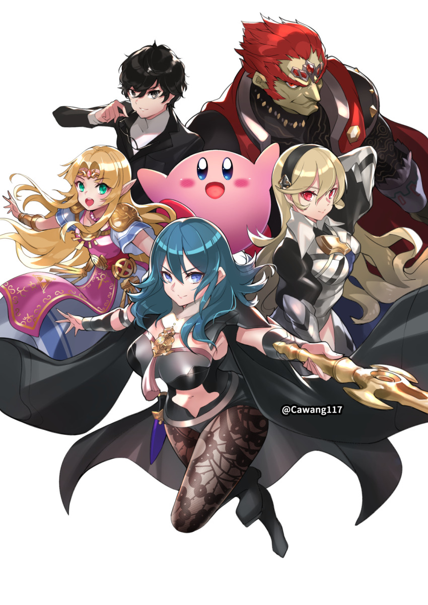 2boys 3girls :d amamiya_ren black_hair blonde_hair blue_eyes breasts byleth_(female)_(fire_emblem) byleth_(fire_emblem) cape cawang commission corrin_(female)_(fire_emblem) corrin_(fire_emblem) dress evil_grin evil_smile unworn_eyewear fire_emblem fire_emblem:_three_houses full_body ganondorf glasses green_eyes green_hair grin highres holding holding_removed_eyewear kirby kirby_(series) large_breasts long_hair looking_at_viewer multiple_boys multiple_girls navel nintendo open_mouth pantyhose pantyhose_under_shorts persona persona_5 pixiv_commission pointy_ears princess_zelda red_eyes red_hair shorts simple_background smile super_smash_bros. sword_of_the_creator the_legend_of_zelda the_legend_of_zelda:_a_link_between_worlds the_legend_of_zelda:_ocarina_of_time tiara twitter_username white_background