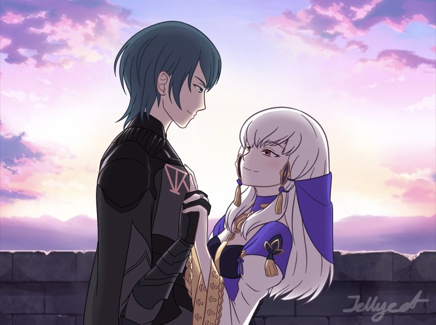 1boy 1girl armor black_gloves blue_eyes blue_hair byleth_(fire_emblem) byleth_(male)_(fire_emblem) cloud cloudy_sky couple fire_emblem fire_emblem:_three_houses gloves hair_ornament hand_on_another&#039;s_chest highres holding_hands jellycat jewelry long_hair long_sleeves lysithea_von_ordelia nintendo ring shawl short_hair sky smile upper_body white_hair