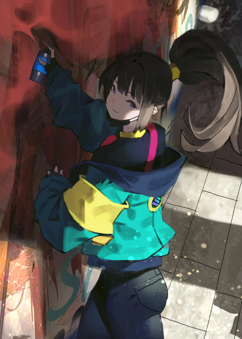 1girl absurdres aqua_jacket arowana2111 black_gloves black_pants black_shirt blue_eyes blunt_bangs brown_hair closed_mouth commentary fingerless_gloves from_behind gloves graffiti highres jacket long_sleeves looking_at_viewer medium_hair original pants ponytail shirt sidelocks smile solo spray_can tile_floor tiles