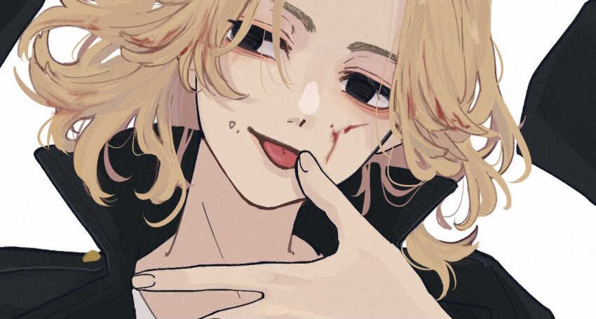 1boy black_eyes black_jacket blonde_hair blood blood_on_face close-up finger_to_mouth finger_to_tongue jacket looking_to_the_side sano_manjirou short_hair simple_background solo tokyo_revengers tongue tongue_out us_age4