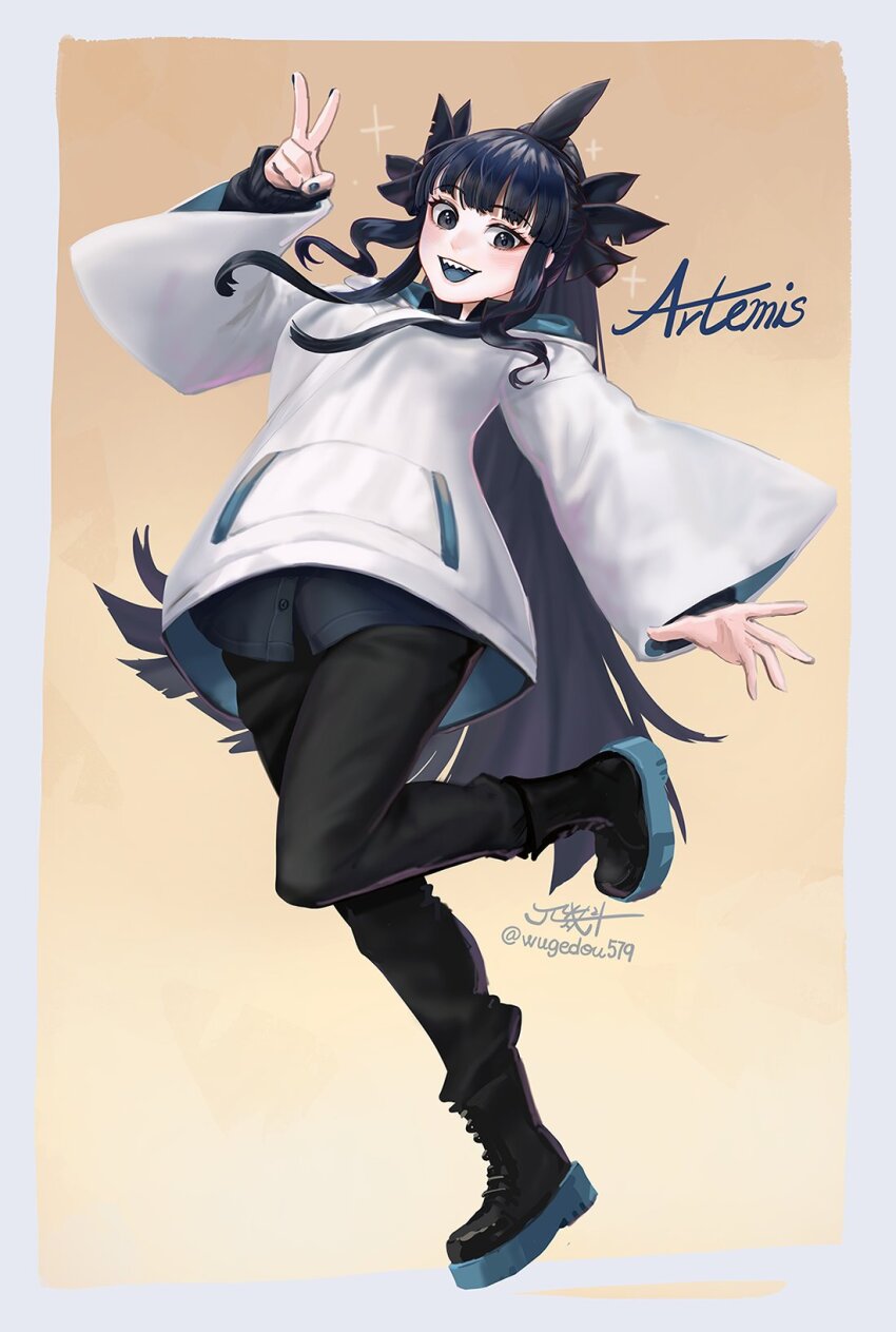 1girl artemis_of_the_blue artist_name atelier_live black_eyes black_hair black_pants blue_tongue character_name colored_tongue full_body highres hood hood_down hoodie long_hair long_sleeves open_mouth pants platform_footwear ponytail shark_fin shark_girl sharp_teeth sidelocks solo teeth v virtual_youtuber wavy_sidelocks white_hoodie wide_sleeves wugedou