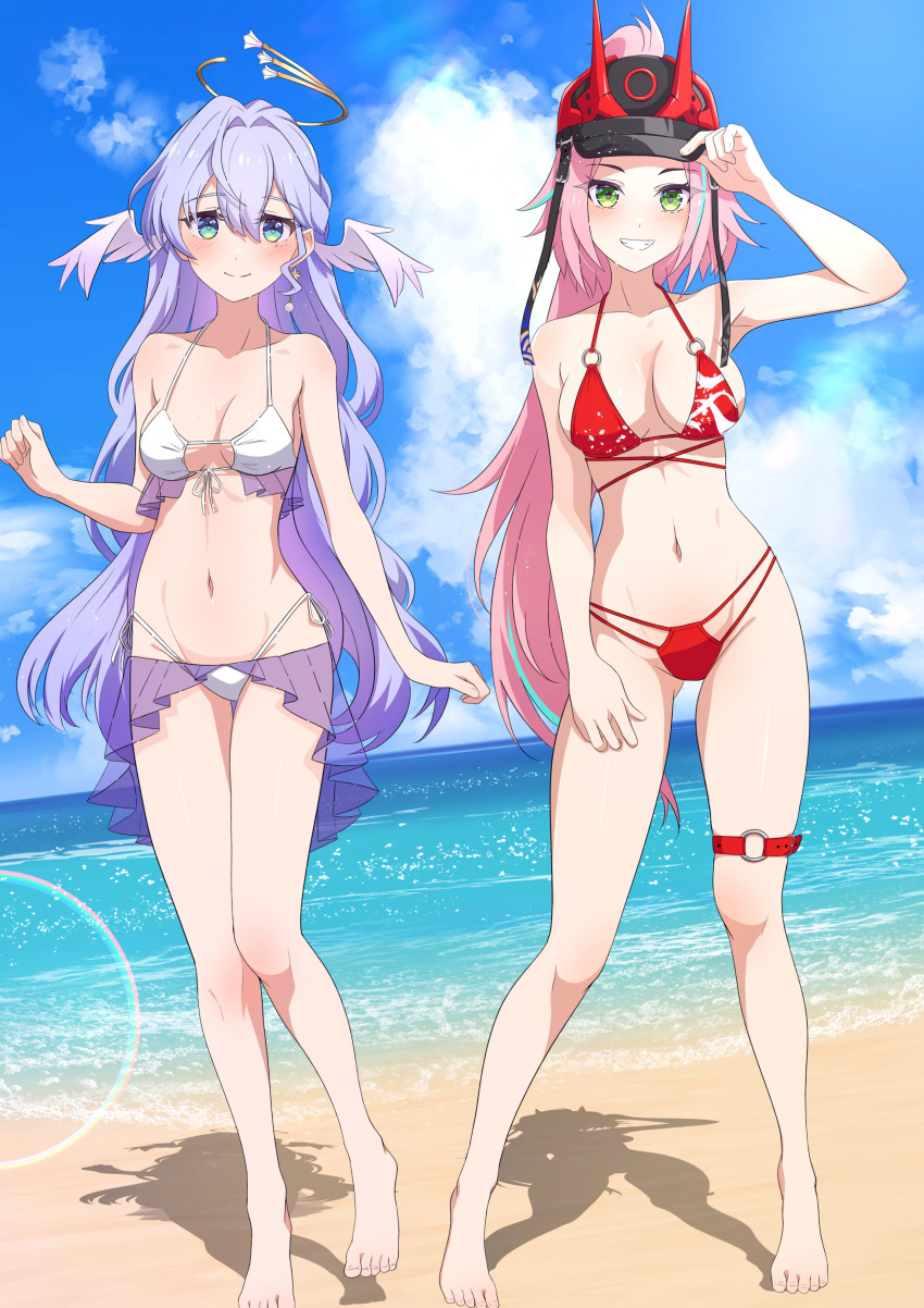 2girls absurdres barefoot baseball_cap beach bikini black_hat blue_sky blush breasts camui1104 cleavage closed_mouth cloud collarbone commentary_request day full_body green_eyes grin halo hand_up hat head_wings highres honkai:_star_rail honkai_(series) large_breasts legs long_hair looking_at_viewer medium_breasts multiple_girls navel ocean outdoors pink_hair ponytail rappa_(honkai:_star_rail) red_bikini robin_(honkai:_star_rail) sky smile standing swimsuit teeth thighs toes very_long_hair white_bikini wings