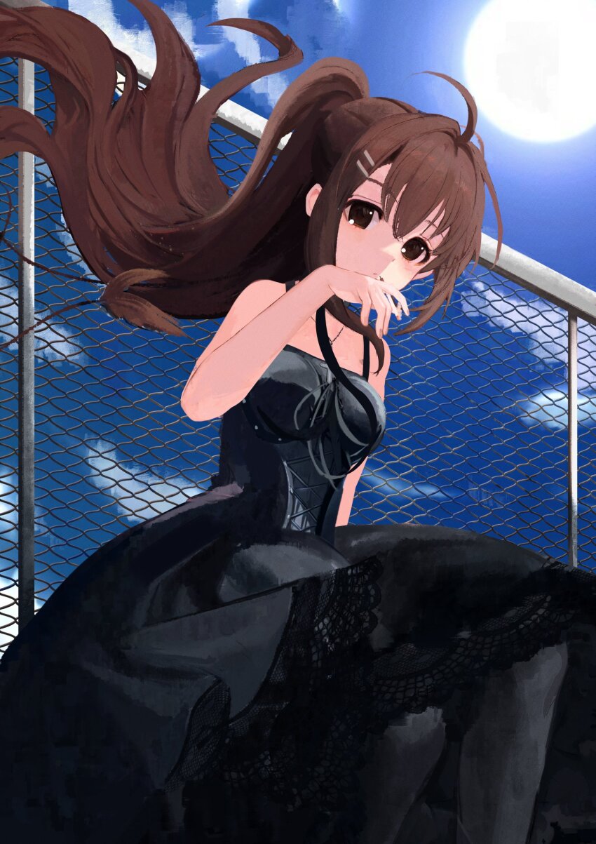 1girl absurdres ahoge bare_shoulders black_dress blue_sky breasts brown_eyes brown_hair closed_mouth commentary day dress feet_out_of_frame floating_hair frown hair_between_eyes hair_intakes hair_ornament hairclip hand_up highres jewelry long_dress long_hair looking_at_viewer medium_breasts minakami_yuki necklace outdoors ponytail saayartworks sidelocks sitting sky sleeveless sleeveless_dress solo subarashiki_hibi symbol-only_commentary very_long_hair