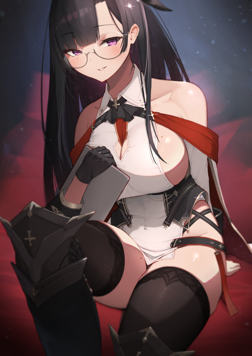 1girl azur_lane bare_shoulders black_footwear black_gloves black_thighhighs boots breasts cleavage cleavage_cutout clothing_cutout collared_shirt commentary_request dupleix_(azur_lane) gloves highres huge_breasts knee_boots lace lace-trimmed_thighhighs long_hair looking_at_viewer mole mole_on_breast mole_on_thigh purple_eyes round_eyewear shirt sideboob solo thighhighs white_shirt yohia