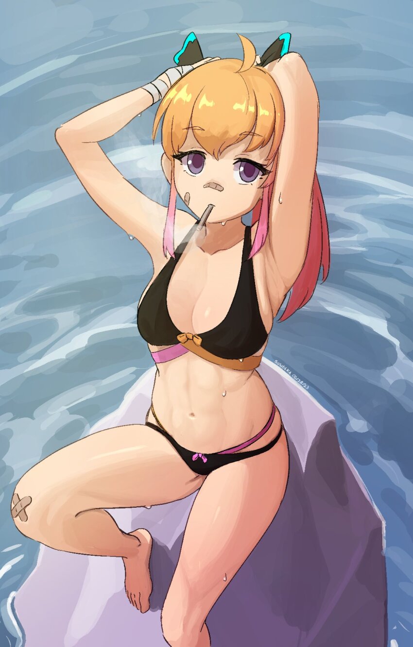 1girl abs ahoge arms_behind_head bandaid bandaid_on_face bandaid_on_knee bandaid_on_leg bandaid_on_nose bikini black_bikini bow bow_bikini breasts cigarette cleavage dated gradient_hair halterneck highres knee_up looking_at_viewer multicolored_hair navel orange_bow orange_hair original pink_hair purple_eyes rock signature sitting smoke solo suweeka swimsuit toned toned_female two-tone_hair water water_drop wet