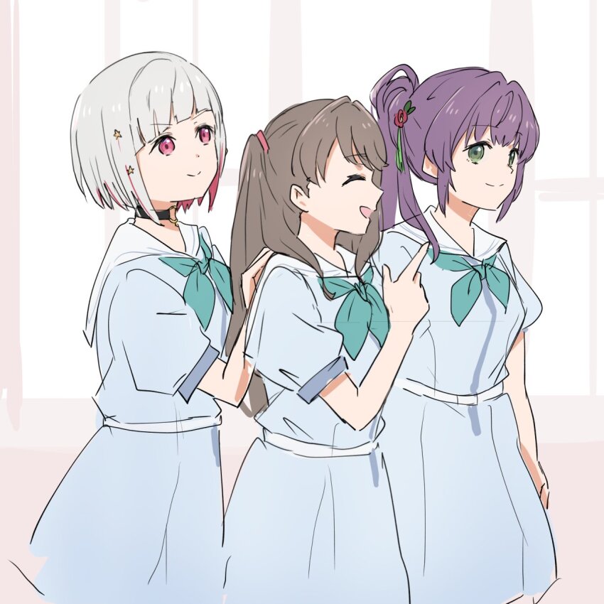 3girls aqua_neckerchief black_choker blue_dress bob_cut brown_hair choker closed_eyes closed_mouth colored_inner_hair cowboy_shot diagonal_bangs dress flower fujishima_megumi green_eyes grey_hair hair_bun hair_flower hair_ornament hand_on_another&#039;s_back hasu_no_sora_school_uniform highres index_finger_raised inverted_bob link!_like!_love_live! long_hair love_live! medium_dress multicolored_hair multiple_girls muneta_(ntani_2) neckerchief o-ring o-ring_choker otomune_kozue pleated_dress profile puffy_short_sleeves puffy_sleeves purple_hair red_eyes red_flower red_hair sailor_collar sailor_dress school_uniform short_hair short_sleeves side_ponytail sidelocks single_side_bun smile split_mouth star_(symbol) star_hair_ornament streaked_hair summer_uniform two_side_up virtual_youtuber white_background white_sailor_collar yugiri_tsuzuri