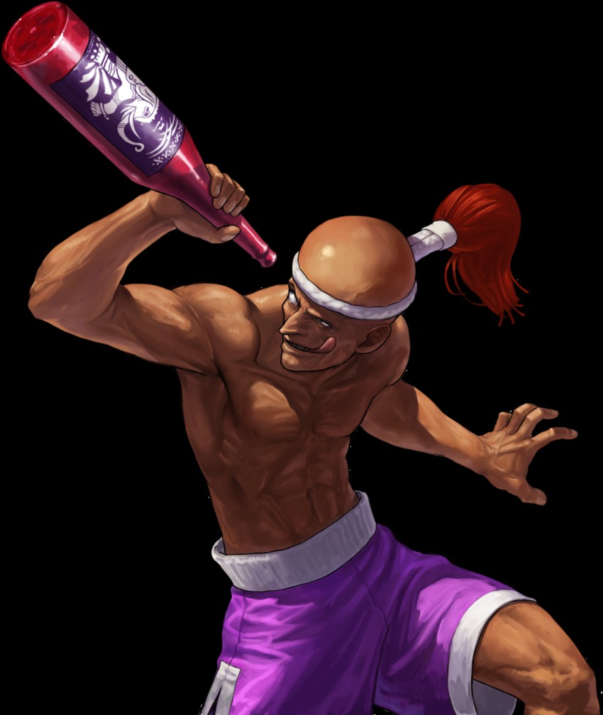 1boy abs bald bottle dark_skin dark-skinned_male fatal_fury headband highres hwa_jai king_of_fighters_xiii licking_lips male_focus mongkhon muay_thai muscular official_art ogura_eisuke topless_male shorts snk solo the_king_of_fighters the_king_of_fighters_xiii tongue tongue_out transparent_background