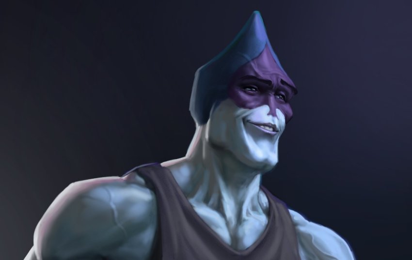 1boy cleft_chin collarbone deltarune gigachad_(meme) grin kurolines lancer_(deltarune) lips looking_ahead man_face manly meme multicolored_background muscular neck pectorals portrait raised_eyebrow smile solo spade_(shape) tank_top thick_eyebrows upper_body veins