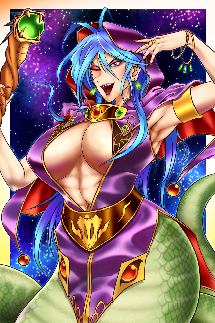 1girl armpits bangle blue_eyes blue_hair border bracelet breasts breath_of_fire breath_of_fire_i center_opening commentary_request cowboy_shot crystal_earrings deis dress earrings eyeshadow fingernails hair_between_eyes highres holding holding_staff hood hood_up hooded_dress jewelry lamia large_breasts long_bangs long_hair looking_at_viewer makeup monster_girl navel one_eye_closed open_mouth outside_border pink_eyeshadow purple_dress red_nails ring ryuuichi_(f_dragon) sleeveless sleeveless_dress smile solo staff star_(sky) starry_sky_background yellow_border