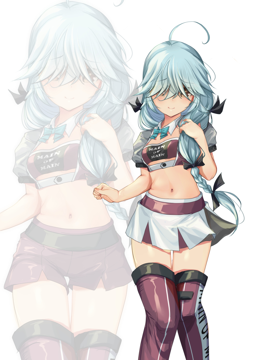 1girl absurdres ahoge aqua_bow aqua_bowtie bandeau bow bowtie braid brown_eyes clothes_writing cowboy_shot cropped_jacket detached_collar grey_hair hair_over_eyes hair_ribbon hamanami_(kancolle) highres jacket kantai_collection knees_together_feet_apart long_hair looking_at_viewer medium_hair midriff multiple_views navel pleated_skirt purple_bandeau purple_shorts purple_thighhighs race_queen ribbon shorts single_braid skirt standing thighhighs v white_background white_jacket white_ribbon white_skirt yashin_(yasinz) zoom_layer