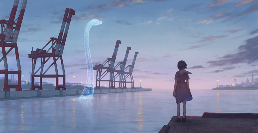 1girl black_hair cloud crane_(machine) dock dragon female_focus from_behind harbor hiko_(scape) horizon lamppost monster ocean original red_eyes reflection scenery school_uniform serafuku short_hair sky solo transparent twilight water wind