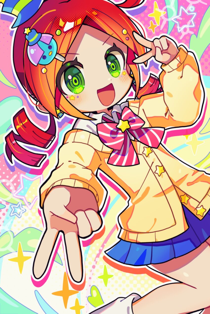 1girl absurdres andou_ringo blue_sky blush bow bowtie collared_shirt double_v drill_hair green_eyes highres long_sleeves looking_at_viewer medium_hair offbeat open_mouth pleated_skirt puyopuyo red_bow red_bowtie red_hair shirt skirt sky smile socks solo twin_drills v white_shirt white_socks