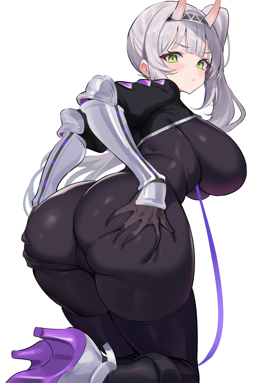 1girl absurdres ass ass_focus back black_bodysuit black_pantyhose black_thighhighs bodysuit breasts cameltoe deep_skin from_behind grabbing_own_ass green_eyes grey_hair hand_on_own_ass hands_on_own_ass high_heels highres horns houchi_shoujo huge_ass ichi-jirushi indie_virtual_youtuber kneeling kotoha_rimu large_breasts long_hair looking_at_viewer looking_back oni pantyhose presenting rimuchi_(vtuber) shrug_(clothing) side_ponytail skin-covered_horns skin_tight solo thighhighs vambraces virtual_youtuber