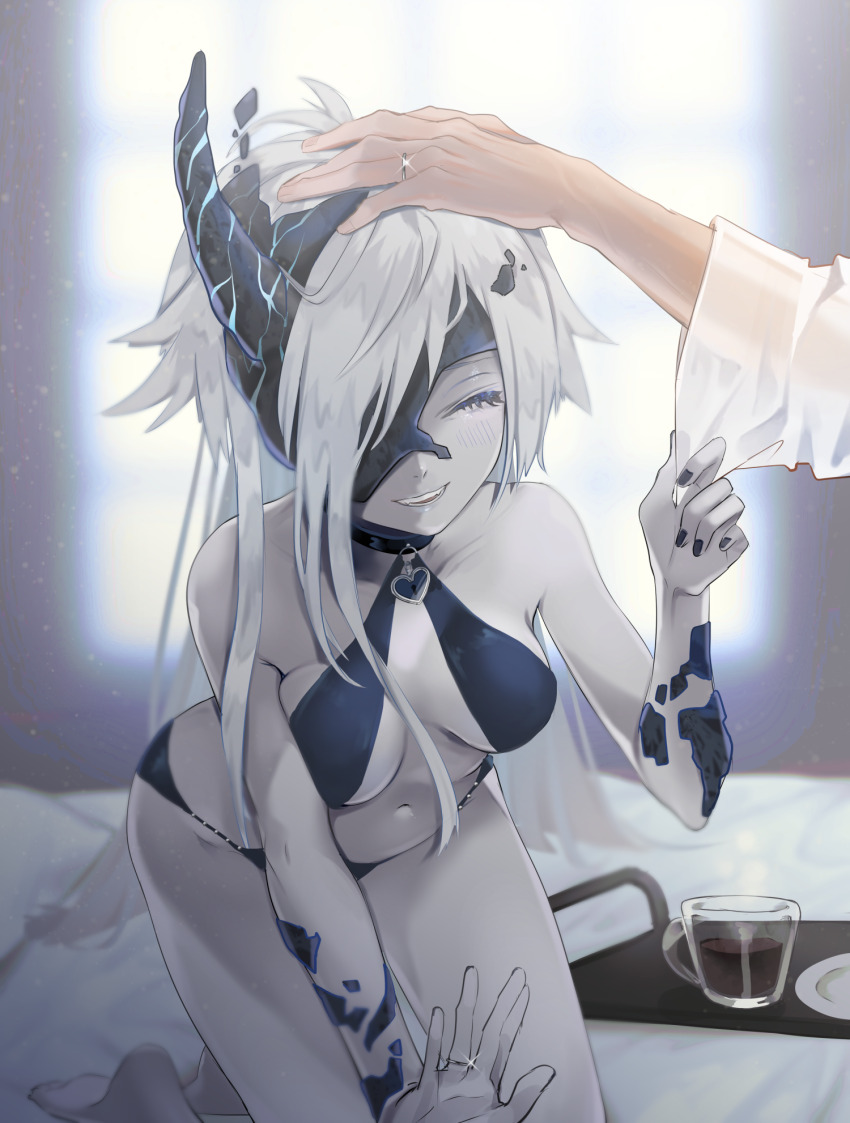 1boy 1girl abyssal_ship asymmetrical_hair barefoot bed black_nails blue_eyes breasts choker closed_eyes commission hand_on_another&#039;s_head heart_lock_(kantai_collection) hetero highres horns jewelry kantai_collection long_hair marriage_proposal ne-class_heavy_cruiser pale_skin petting ring ruohire9 single_horn skeb_commission smile swimsuit white_hair