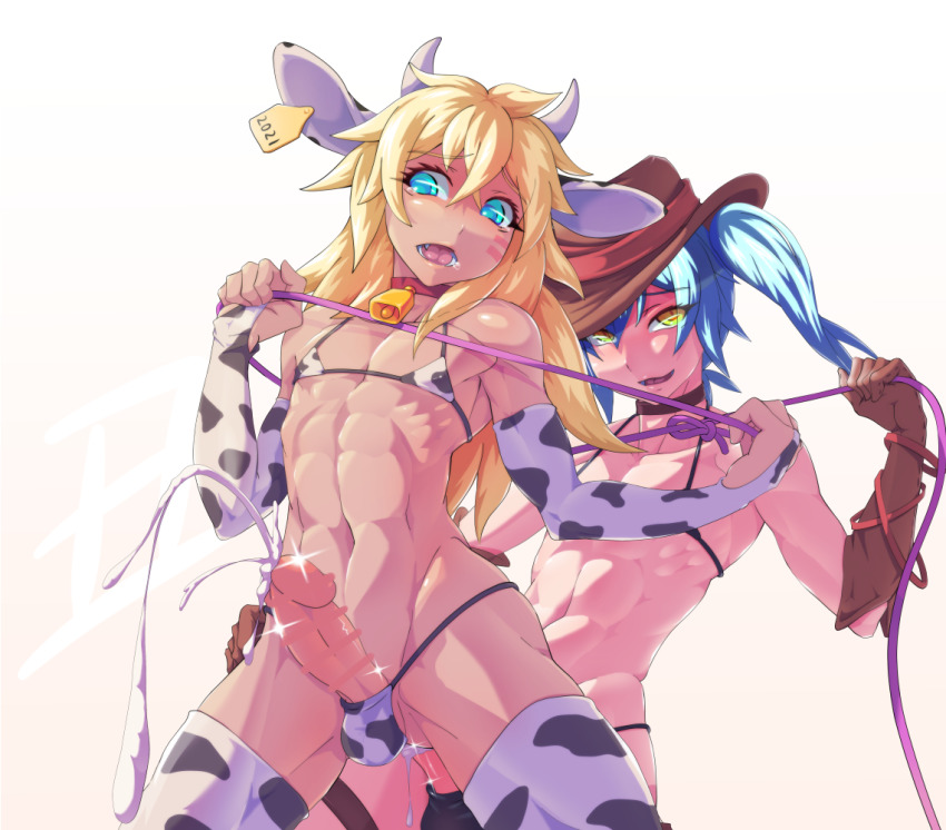 2boys anal animal_ears animal_print blonde_hair blue_eyes blue_hair bulge censored cow_ears cow_horns cow_print crossdressing cum cum_in_ass ejaculating_while_penetrated ejaculation exrano fake_animal_ears fake_horns hat horns long_hair male_focus male_penetrated multiple_boys muscular muscular_male open_mouth original penis sex sex_from_behind simple_background thighhighs trap twintails white_background yaoi yellow_eyes