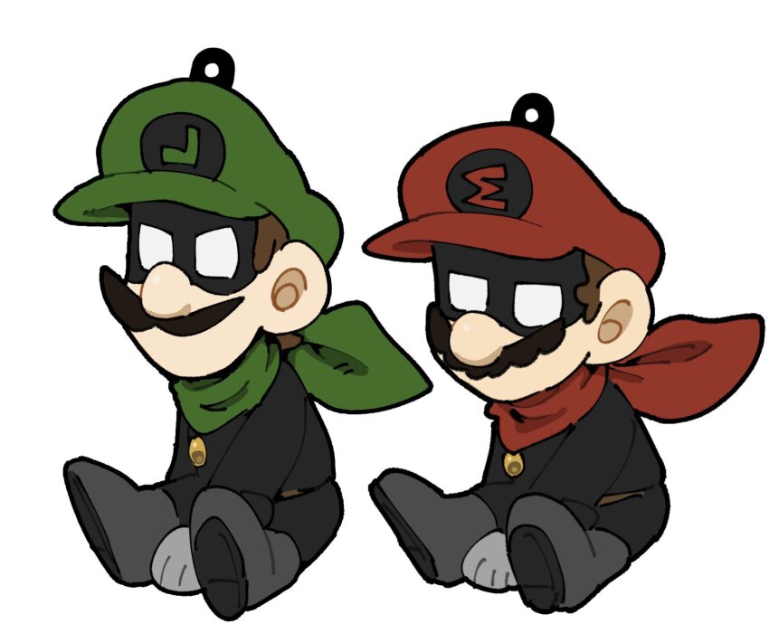 2boys brown_hair dark_persona facial_hair gloves green_scarf hat highres long_sleeves luigi male_focus mario mario_(series) mask mimimi_(mimimim9999) mr._l multiple_boys mustache nintendo paper_mario red_eyes scarf shirt short_hair super_paper_mario white_gloves