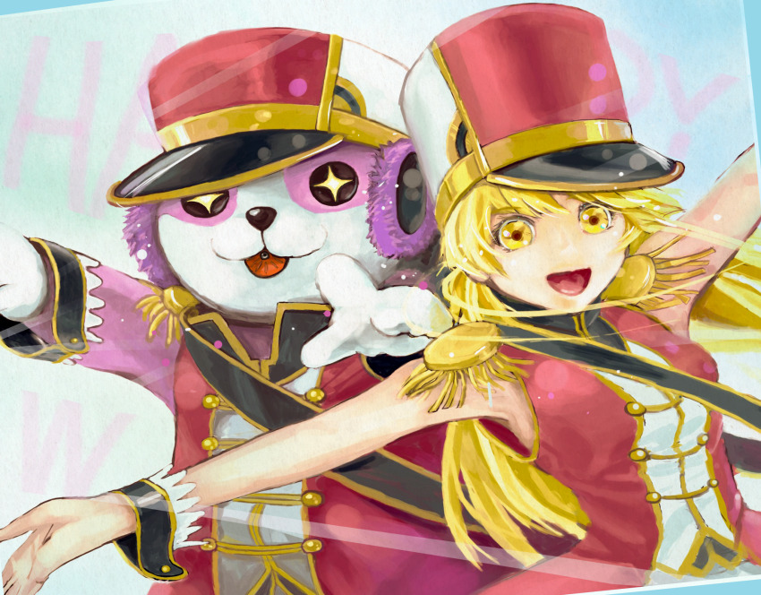 2girls animal_costume bang_dream! bear_costume blonde_hair commentary_request epaulettes hat highres kaminchu long_hair looking_at_viewer michelle_(bang_dream!) multiple_girls open_mouth outstretched_arms red_hat red_shirt shirt sleeveless sleeveless_shirt spread_arms tsurumaki_kokoro upper_body yellow_eyes