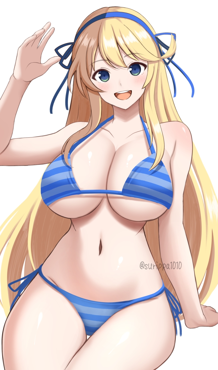 1girl :d bikini blonde_hair blue_bikini blue_hairband breasts commentary_request hairband hand_up highres katsuragi_(senran_kagura) large_breasts long_hair looking_at_viewer open_mouth senran_kagura senran_kagura_estival_versus simple_background smile solo striped_bikini striped_clothes surippa1010 swimsuit white_background