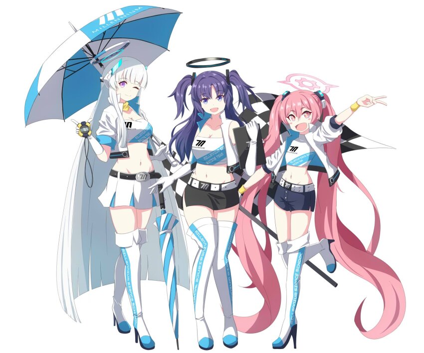 +_+ 3girls :d ;) absurdly_long_hair alternate_costume belt black_shorts black_skirt blue_archive blunt_bangs blush_stickers boots breasts checkered_flag cleavage clipboard closed_umbrella commentary_request dual_wielding elbow_gloves flag full_body gloves hair_between_eyes hair_ornament halo headgear highres holding holding_clipboard holding_flag holding_stopwatch holding_umbrella jacket koyuki_(blue_archive) long_hair looking_at_viewer medium_breasts multiple_girls navel noa_(blue_archive) one_eye_closed open_clothes open_jacket open_mouth parted_bangs pink_eyes pink_hair pleated_skirt purple_hair race_queen short_shorts short_sleeves shorts sidelocks simple_background skirt sleeveless small_breasts smile standing standing_on_one_leg stomach stopwatch symbol-shaped_pupils thigh_boots thighhighs triangle_hair_ornament umbrella v very_long_hair watch white_background white_footwear white_gloves white_hair white_jacket white_skirt yukimi_unagi yuuka_(blue_archive) zettai_ryouiki