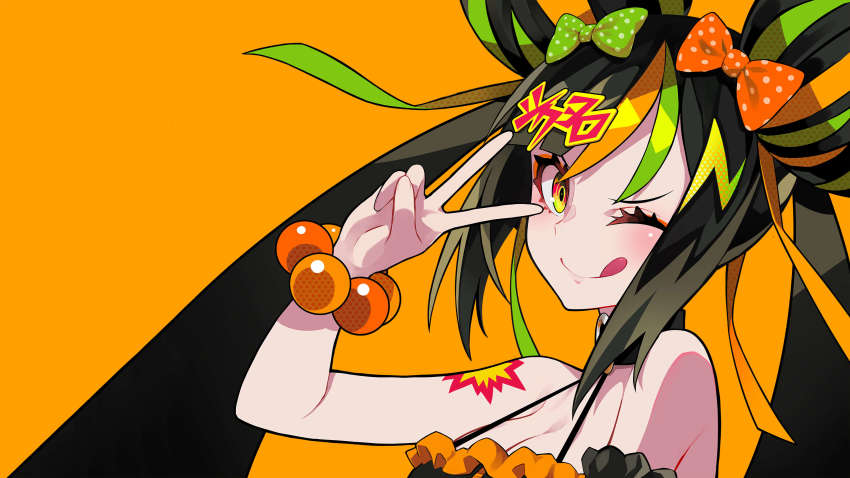 1girl absurdres amy-chan amy_channel black_hair blush bobbles bow breasts cleavage double_bun green_bow green_hair hair_bow hair_bun highres lam_(ramdayo) long_hair multicolored_eyes multicolored_hair one_eye_closed orange_background orange_bow orange_hair polka_dot polka_dot_bow red_eyes simple_background smile solo streaked_hair tongue tongue_out upper_body v v_over_eye virtual_youtuber wrist_bobbles yellow_eyes