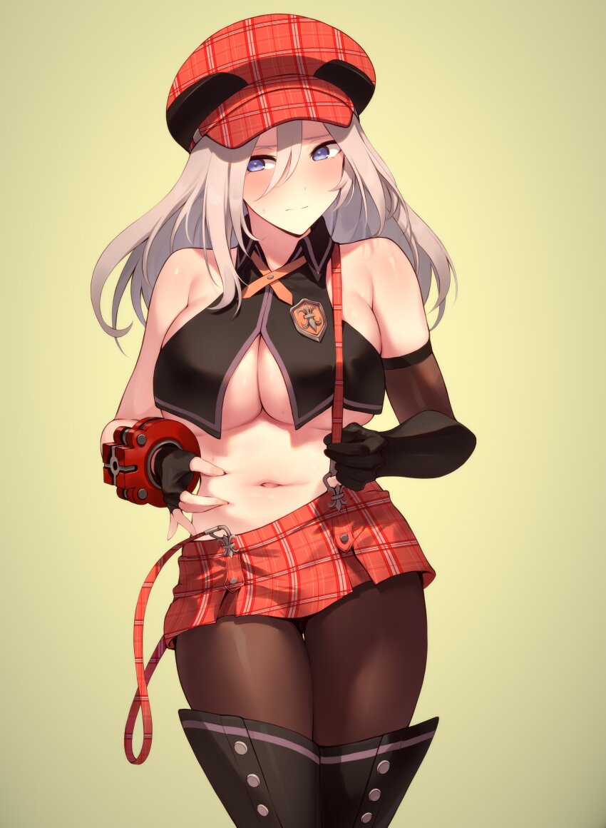 1girl absurdres alisa_ilinichina_amiella armlet bare_shoulders blue_eyes blush boots breasts cabbie_hat crop_top elbow_gloves fingerless_gloves gloves god_eater god_eater_burst grey_hair hat highres jewelry large_breasts long_hair looking_at_viewer midriff momihige navel pantyhose pinching_belly plaid_clothes plaid_hat plaid_skirt single_elbow_glove skirt solo suspender_skirt suspenders suspenders_slip sweat thigh_boots underboob