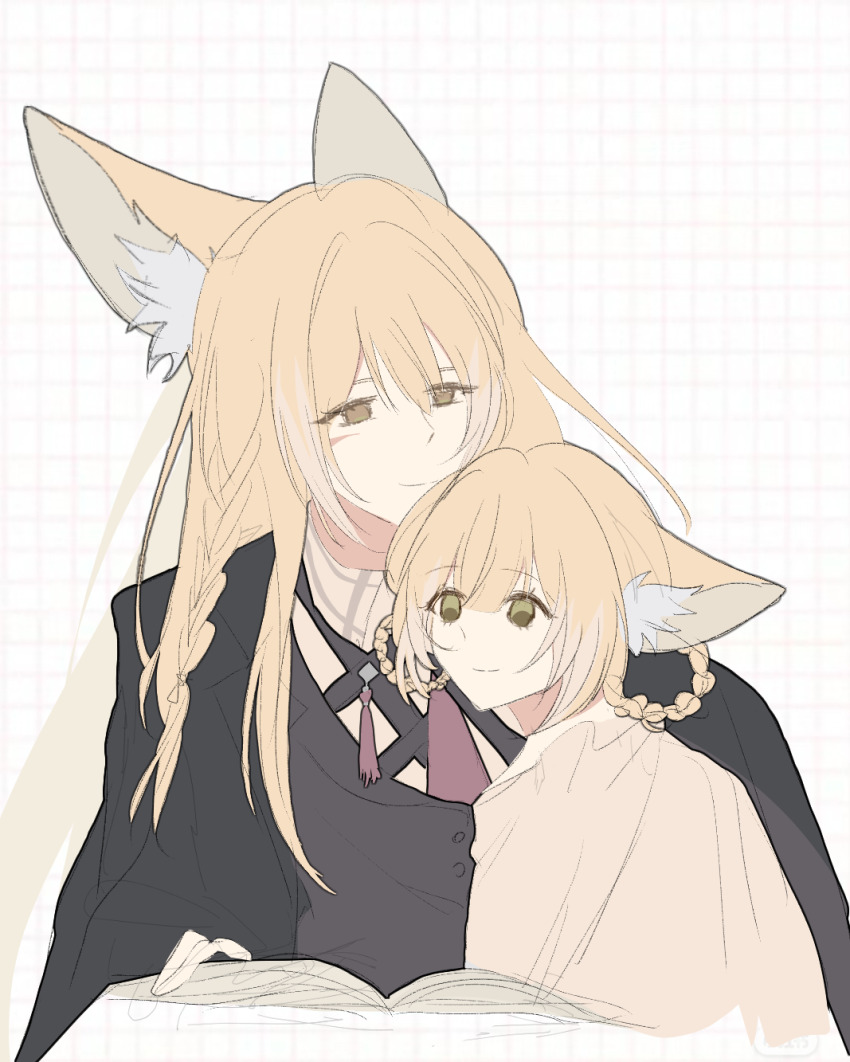 2girls age_difference animal_ears arknights black_suit blonde_hair book braid braided_hair_rings brown_eyes chin_rest chinese_commentary closed_mouth floppy_ears formal fox_ears fox_girl green_eyes grid_background hair_rings head_on_head head_rest highres lange-midsummerrose long_hair mother_and_daughter multiple_girls necktie open_book red_necktie simple_background sketch smile straight_hair suit suzuran_(arknights) vest vulpisfoglia_(arknights) waistcoat white_background