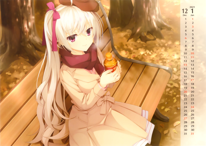 1girl 2021 ahoge akizuki_kanna autumn autumn_leaves bench beret bottle bow breath brown_coat brown_hat cafe_stella_to_shinigami_no_chou calendar_(medium) closed_mouth coat cowboy_shot crossed_bangs dated day eyes_visible_through_hair fringe_trim hair_between_eyes hair_bow hair_ribbon hands_up hat highres holding holding_bottle kobuichi light_brown_hair long_hair long_sleeves looking_at_viewer official_art on_bench outdoors own_hands_together park park_bench purple_eyes red_bow red_ribbon red_scarf ribbon scan scarf side_ponytail sitting smile solo tsurime very_long_hair