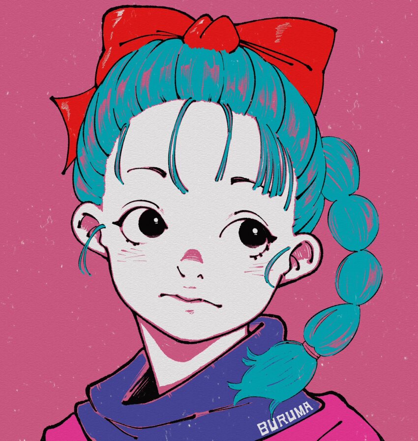 1girl blue_hair bow bulma character_name closed_mouth dragon_ball dragon_ball_(classic) hair_bow hair_pulled_back highres looking_to_the_side multi-tied_hair paper_texture ponytail portrait purple_background red_bow simple_background solo young_and_emotion