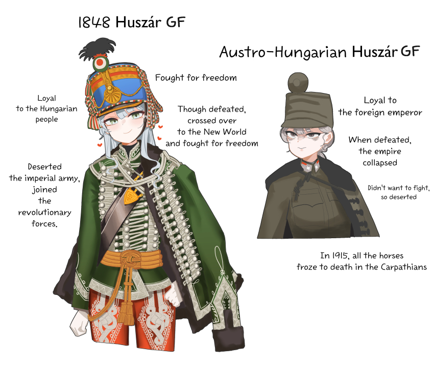 2girls absurdres aiguillette austro-hungarian_army blue_hat brown_jacket collar_tabs english_text gloves green_eyes gulyas hat heart highres hussar jacket looking_at_viewer military_uniform multiple_girls original pelisse shako_cap smile white_gloves white_hair