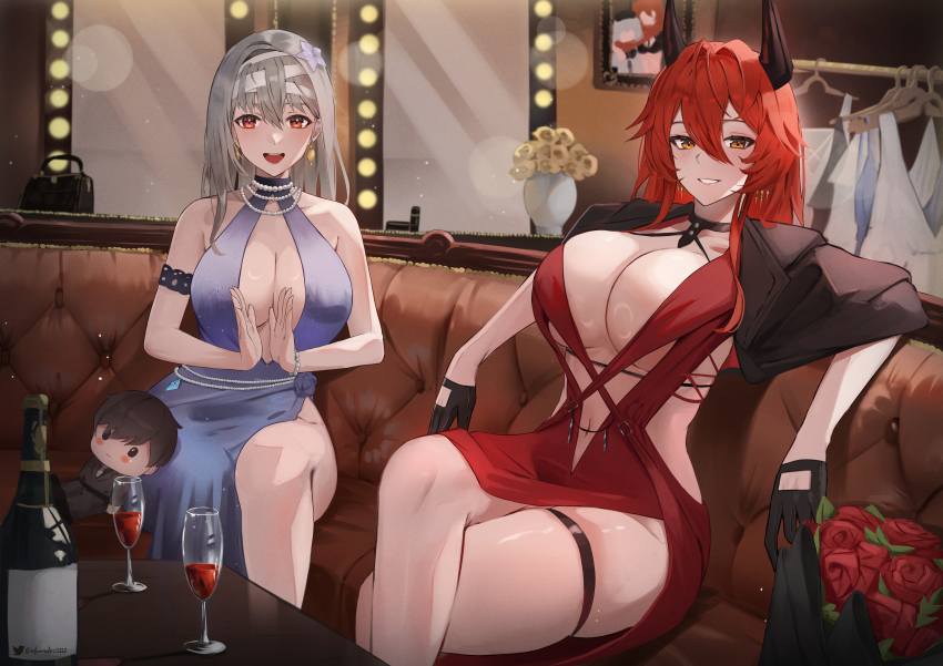 2girls :d absurdres alcohol alternate_costume arm_strap bare_shoulders bead_bracelet bead_necklace beads black_gloves blush bottle bracelet breasts cleavage commander_(nikke) commentary couch crossed_legs cup doll dress earrings elvandec english_commentary flower gloves goddess_of_victory:_nikke grey_hair hair_ornament highres horns indoors jewelry large_breasts looking_at_viewer modernia_(nikke) multiple_girls navel necklace open_mouth parted_lips purple_dress red_dress red_eyes red_flower red_hair red_hood_(nikke) red_hood_(nonsense_red)_(nikke) red_rose red_wine rose sitting smile thigh_strap thighs wine wine_bottle