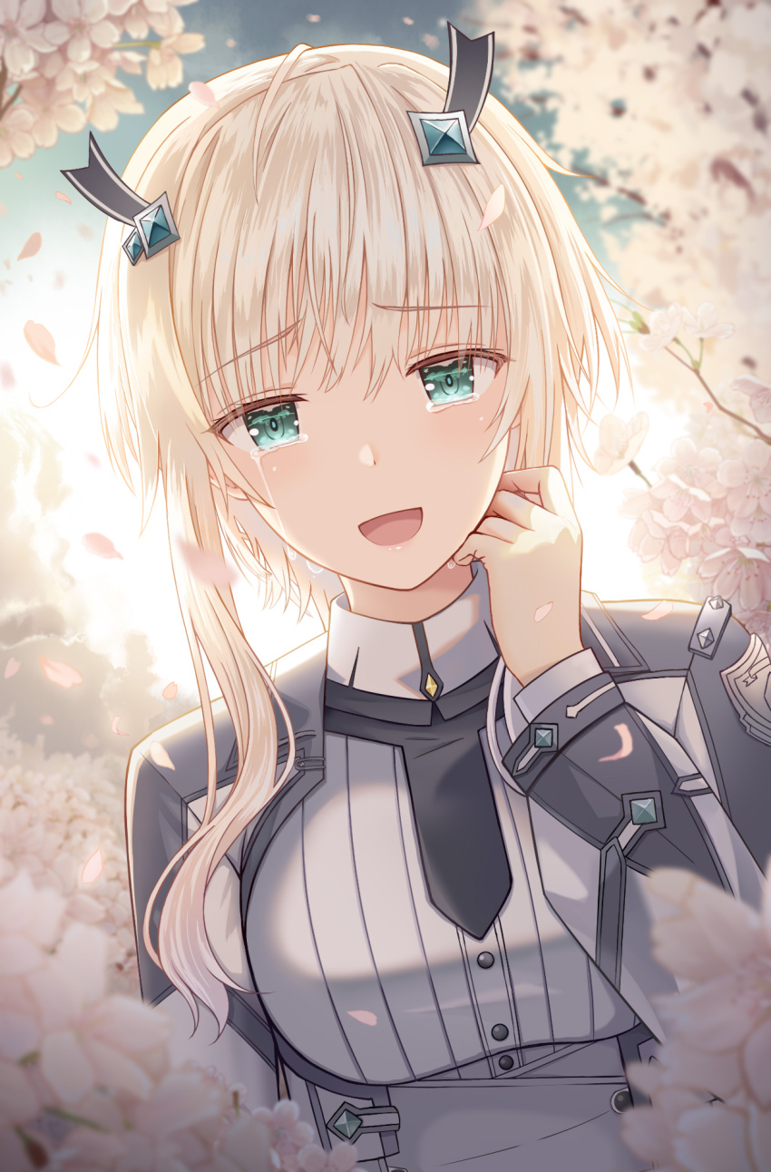 1girl blonde_hair breasts falling_petals green_eyes hair_ornament highres long_sleeves looking_at_viewer madindex maou_gakuin_no_futekigousha medium_breasts misha_necron open_mouth petals school_uniform short_hair smile solo tears