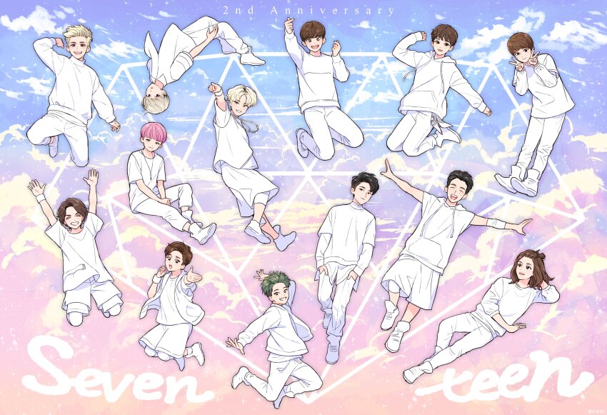 6+boys ^_^ absurdres anniversary arms_up black_hair blonde_hair blunt_bangs brown_hair closed_eyes closed_mouth cloud commentary_request dino_(seventeen) dk_(seventeen) eno_bw full_body gradient_background green_hair group_name hands_in_pockets highres hoshi_(seventeen) jeonghan_(seventeen) joshua_(seventeen) jun_(seventeen) k-pop korean_commentary looking_at_viewer lying male_focus medium_hair mingyu multiple_boys open_mouth outstretched_arms pants pink_hair real_life s.coups seungkwan seventeen_(group) shirt shorts smile the8_(seventeen) vernon_(seventeen) white_pants white_shirt white_shorts wonwoo woozi_(seventeen)