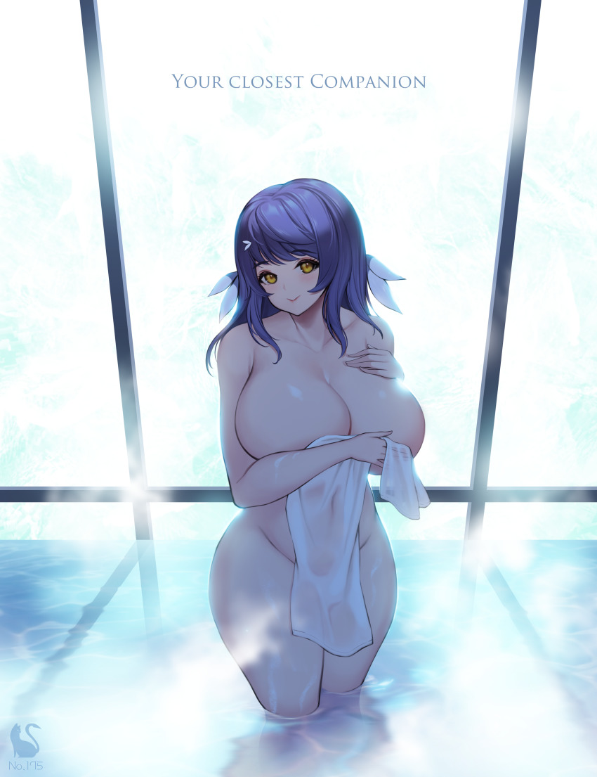 1girl :&gt; absurdres blue_hair blush breasts english_text feather_hair_ornament feathers hair_ornament highres holding holding_towel huge_breasts korean_commentary last_origin long_hair looking_at_viewer revision smile snow_feather_(last_origin) toriseru_(rare_stone) towel wading wet wide_hips yellow_eyes