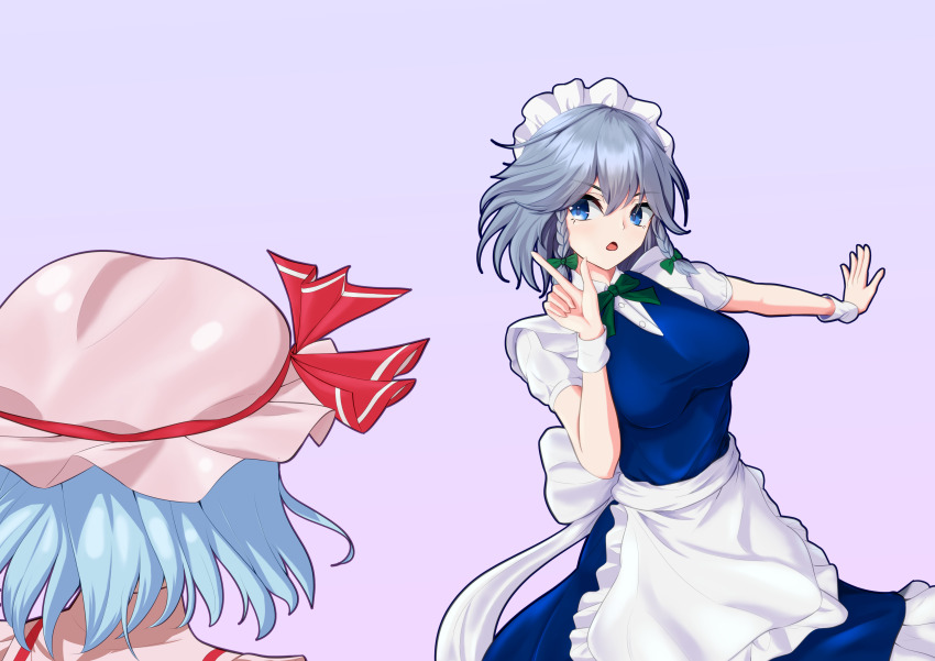 2girls absurdres apron aqua_hair blue_eyes blue_skirt blue_vest bow bowtie braid braided_sidelock breasts buttons collared_shirt commentary_request eyebrows_hidden_by_hair eyelashes frilled_skirt frills from_behind green_bow green_bowtie grey_hair hair_bow hands_up hat hat_ribbon highres index_finger_raised izayoi_sakuya looking_at_another maid_headdress makky_egokoro medium_breasts medium_hair mob_cap multiple_girls open_mouth outstretched_arm pink_hat pink_shirt purple_background red_ribbon remilia_scarlet ribbon shirt short_hair short_sleeves simple_background skirt skirt_set tongue touhou triangle_mouth twin_braids vest waist_apron white_apron white_shirt wrist_cuffs