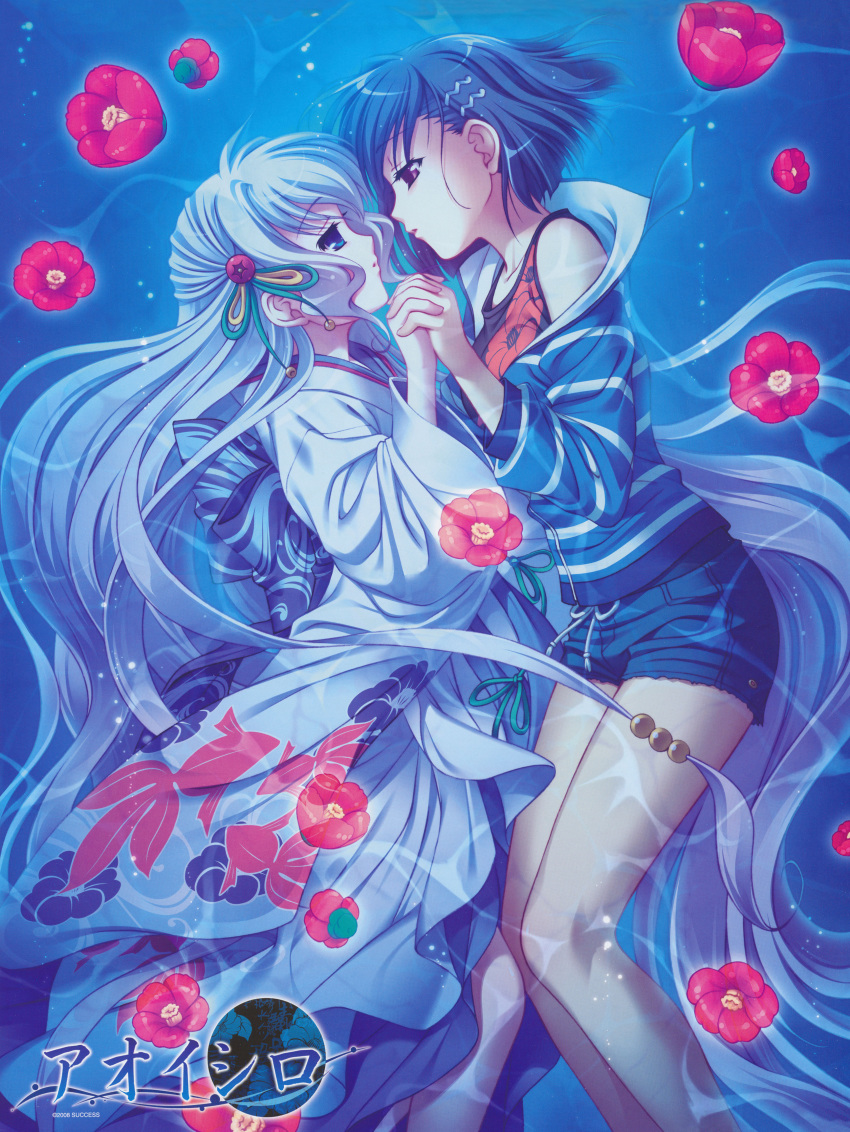 2girls absurdres aoi_shiro bare_shoulders blue_eyes blue_hair bow camellia eye_contact flower hair_bow hair_ornament hal holding_hands highres imminent_kiss japanese_clothes kimono long_hair looking_at_another multiple_girls nami_(aoi_shiro) osanai_shouko purple_eyes ribbon short_hair shorts silver_hair underwater very_long_hair water wet wet_clothes yasaka_minato yuri