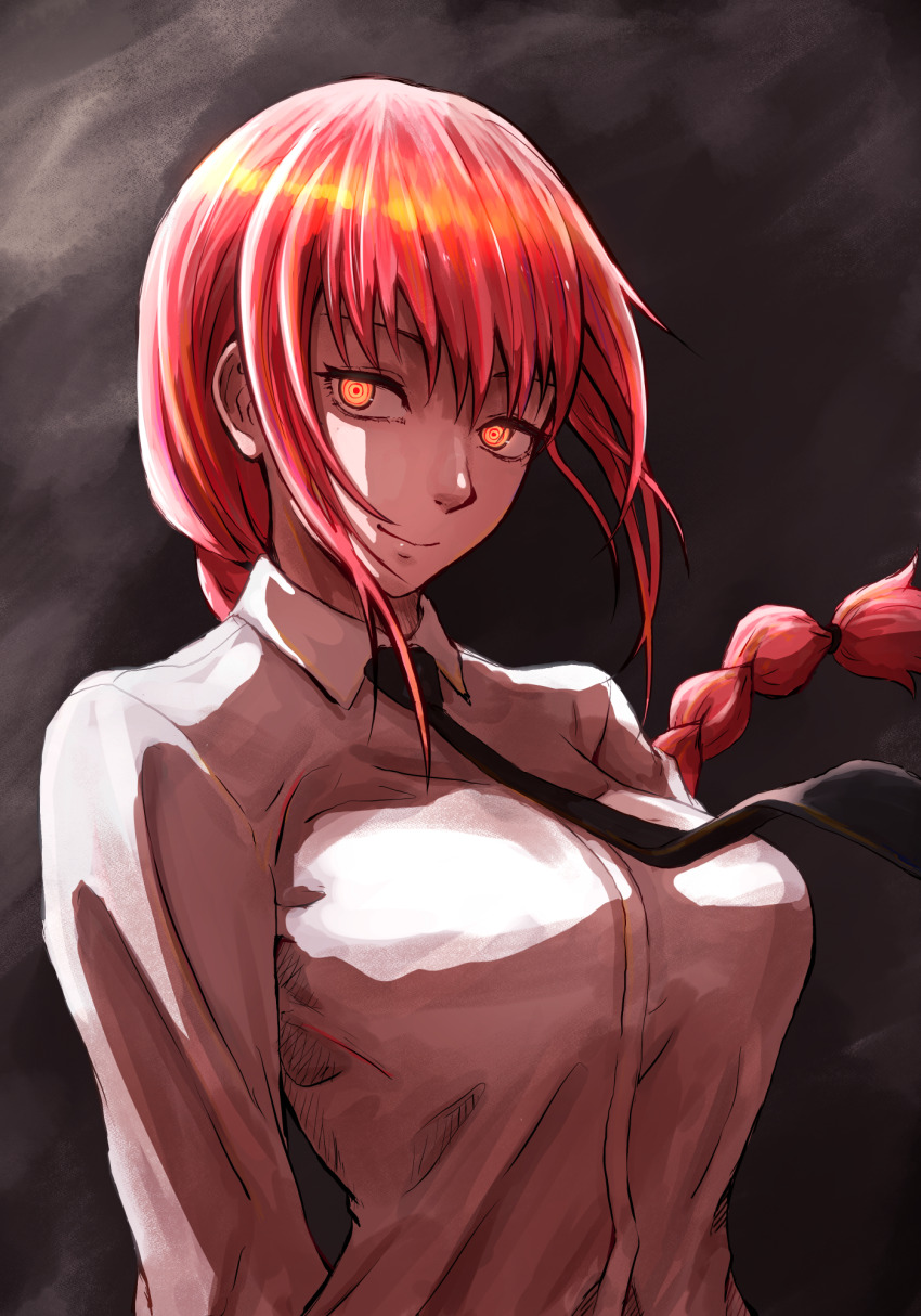 1girl black_background black_necktie braid braided_ponytail breasts chainsaw_man cutterhappa highres long_hair looking_at_viewer makima_(chainsaw_man) necktie ponytail red_hair red_pupils ringed_eyes shirt single_braid smile solo white_shirt yellow_eyes