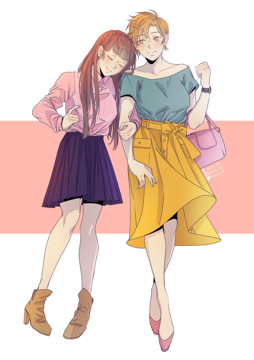 2girls bag bare_shoulders blue_nails blue_shirt blue_skirt blush boots brown_eyes brown_footwear brown_hair closed_eyes collarbone collared_shirt commentary english_commentary full_body hand_up handbag high_heels highres instagram_username kang_jaehee kkas-art locked_arms long_hair looking_at_another multiple_girls parted_lips pink_footwear pink_shirt protagonist_(susanghan_messenger) shirt shirt_tucked_in short_hair skirt smile striped_clothes striped_shirt susanghan_messenger teeth tumblr_username twitter_username watch wristwatch yellow_skirt