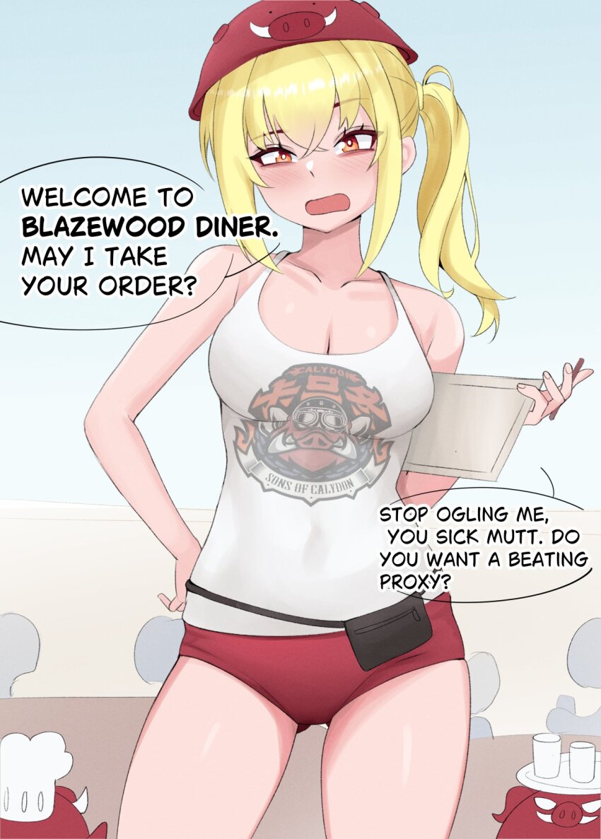 1girl annoyed blonde_hair blush breasts cleavage covered_navel helmet highres inzoku29958 luciana_de_montefio medic open_mouth pig_print red_eyes shirt short_shorts shorts side_ponytail sleeveless sleeveless_shirt thighs waitress zenless_zone_zero