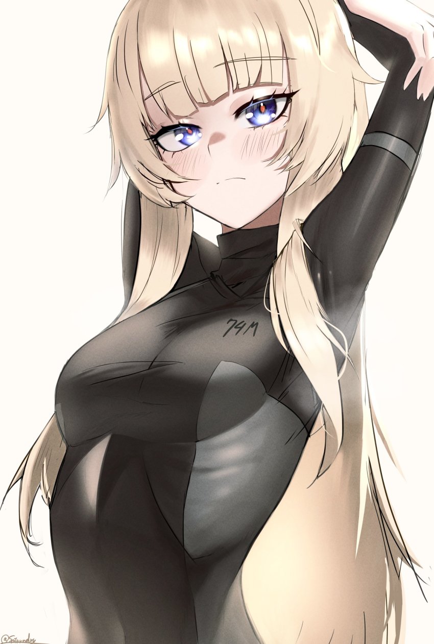 1girl ak74m_(girls&#039;_frontline) arms_behind_head artificial_eye black_bodysuit blonde_hair blue_eyes blush bodysuit breasts character_name closed_mouth girls&#039;_frontline highres long_hair long_sleeves looking_at_viewer mechanical_eye medium_breasts saturndxy solo twitter_username upper_body white_background