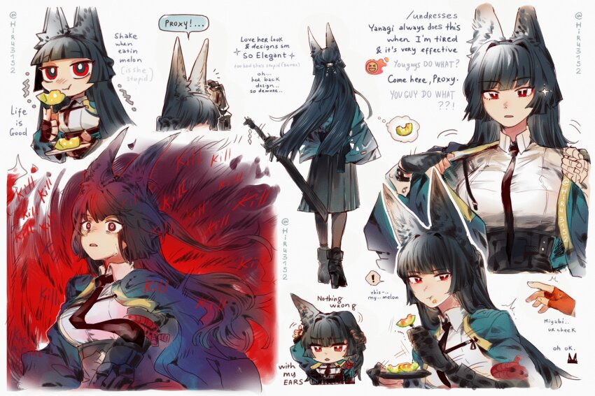 ! 2girls :t animal_ears aqua_jacket belle_(zenless_zone_zero) black_eyes black_hair black_necktie black_skirt blunt_bangs breasts bright_pupils chibi collared_shirt commentary eating english_commentary english_text fingerless_gloves food food_on_face fox_ears fruit gauntlets gloves high-waist_skirt highres hiru315 holding holding_sheath holding_sword holding_weapon hoshimi_miyabi jacket large_breasts long_hair medium_skirt melon multicolored_eyes multiple_girls multiple_views necktie open_clothes open_jacket red_eyes scabbard sheath sheathed shirt single_ear_down single_fingerless_glove single_gauntlet skirt speech_bubble spoken_exclamation_mark sword taut_clothes taut_shirt thought_bubble twitching_penis undressing very_long_hair weapon white_pupils white_shirt wing_collar zenless_zone_zero