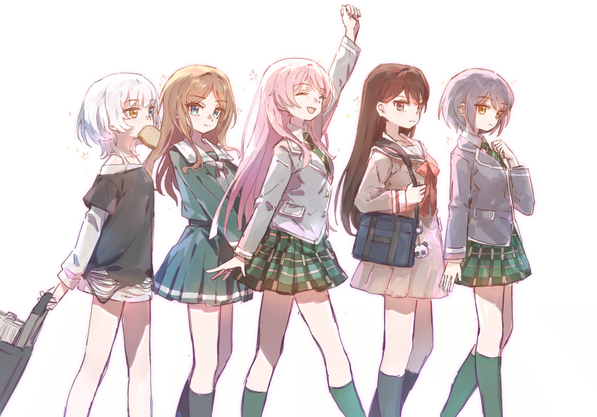 5girls bang_dream! bang_dream!_it&#039;s_mygo!!!!! blonde_hair blue_eyes brown_hair chihaya_anon highres kaname_raana long_hair multiple_girls mygo!!!!!_(bang_dream!) nagasaki_soyo pink_hair pleated_skirt sao7 school_uniform shiina_taki short_hair skirt socks takamatsu_tomori white_hair yellow_eyes